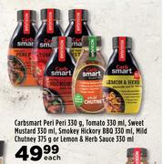 Carbsmart Peri Peri 330g, Tomato 330ml, Sweet Mustard 330ml, Smokey Hickory BBQ 330ml-Each