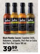 Black Mamba Sauces:Cayenne Chilli,Habanero,Jalapeno,Peri Peri Or Extra Hot Peri Peri Sauce-180ml 