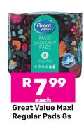 Great Value Maxi Regular Pads-8s Pack Each