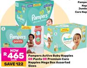 Pampers Active Baby Nappies Or Pants Or Premium Care Nappies Mega Box (Assorted Sizes)-Each