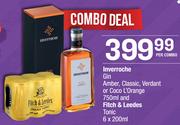 Inverroche Gin Amber, Classic, Verdant Or Coco L'Orange 750ml And Fitch & Leedes Tonic 6x200ml Combo