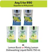 M Lemon Burst Or Minty Lemon Dishwashing Liquid Refill-For Any 5 x 750ml