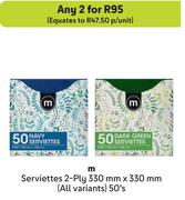 M Serviettes 2 Ply 330mm x 330mm (All Variants)-For Any 2 x 50's