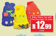 Baby Warm Hat With Pom Pom Assorted Colours-Each