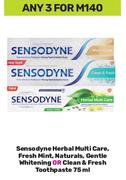 Sensodyne Herbal Multi Care,Fresh Mint,Naturals,Gentle Whitening Or Clean & Fresh Toothpaste-3x75ml