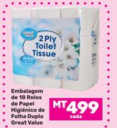 Great Value Embalagem de 18 Rolos de papel Higienico de Folha Dupla-cada