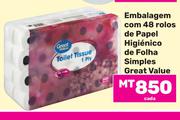 Great Value Embalagem com 48 rolos de Papel Higienico de Folha Simples-cada