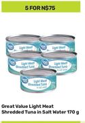 Great Value Light Meat Shredded Tuna In Salt Water-For 5 x 170g