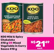 Koo Mild & Spicy Chakalaka 410g Or Mixed Vegetable In Curry Sauce 410g-Each