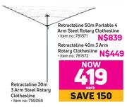 Retractline 50m Portable 4 Arm Steel Rotary Clothesline 781571