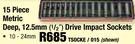 15 Piece Metric Deep,12.5mm(1/2") Drive Impact Sockets TSOCKE/015