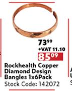 Rockhealth Copper Diamond Design Bangles 1 x 6 Pack