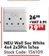 NEU Wall Soc White 4x4 2x3 Pin-1x1 Each