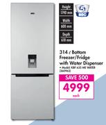 KIC 314L Bottom Freezer/Fridge With Water Dispenser KBF 635 ME WATER-Each