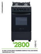 Obac 4 Burner Compact Full Gas Matt BLK 50 x 50 Stove OB500G/S 21-582