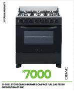 Obac 6 Burner Compact Full Gas Matt BLK 76 x 60 Stove Ob760G/S 21-585