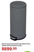 Delinia Casual Round Soft Close Pedal Kitchen Dustbin Stainless Steel Grey 28L