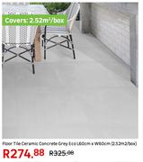 Floor Tile Ceramic Concrete Grey Eco L60cm x W60cm (2.52 Sqm/Box)