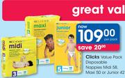 Clicks Value Pack Disposable Nappies Midi 58's, Maxi 50's Or Junior 42's-Per Pack