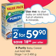 Purity Baby Cereal Just Add Milk Stage 1 Or 2-2 x 450g