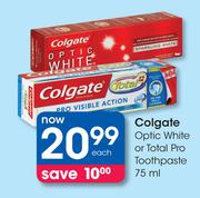 Colgate Optic White Or Total Pro Toothpaste-75ml Each