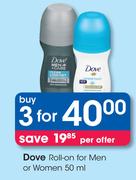 Dove Roll On For Men Or Women-3 x 50ml