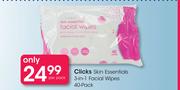 Clicks Skin Essentials 3 In 1 Facial Wipes 40 Pack-Per Pack