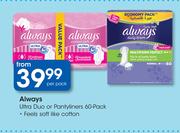 Always Ultra Duo Or Pantyliners 60 Pack-Per Pack