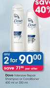 Dove Intensive Repair Shampoo Or Conditioner-2 x 400ml Or 350ml