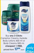 Clicks Camphor Creams, Hydrate Body Lotions-400ml Or Body Creams-500ml Each