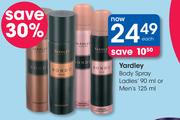 Yardley Body Spray Ladies-90ml Or Men's-125ml Each
