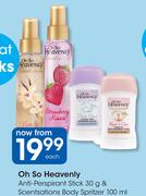 Oh So Heavenly Anti Perspirant Stick-30g & Scentsations Body Spritzer-100ml Each