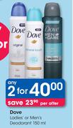 Dove Ladies Or Men's Deodorant-2 x 150ml