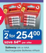 Safeway AA Or AAA Rechargeable Batteries 4 Pack-For 2