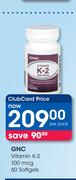 GNC Vitamin K-2 100 mcg 60 Softgels-Per Pack