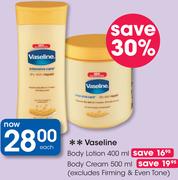 Vaseline Body Lotion 400ml, Body Cream 500ml(Excludes Firming & Even Tone)-Each