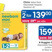 Clicks Value Pack Disposable Nappies Newborn 42-For 2