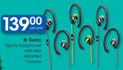 Sway Sports Earphones With Mic Assorted Colours-Per Pair