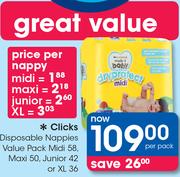 Clicks Disposable Nappies Value pack Midi 58,Maxi 50,Junior 42 Or XL 36-Per Pack
