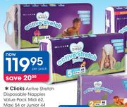 Clicks Active Stretch Disposable Nappies Value Pack Midi-62's, Maxi-54's Or Junior-44's-Per Pack