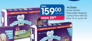 Clicks Active Stretch Disposable Nappies Jumbo Pack Midi-82's, Maxi-70's Or Junior-58's-Per Pack