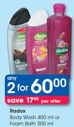 Radox Body Wash-400ml Or Foam Bath-500ml-For 2
