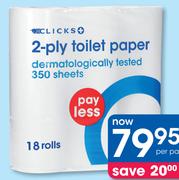 Clicks 2 Ply Toilet Paper 18 Rolls-Per Pack