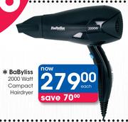 Babyliss 2000 Watt Compact Hairdryer-Each