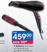 Babyliss 2000 Watt Ac Hairdryer With Bun Brush And Pouch-Per Set