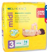 Clicks Disposable Nappies Jumbo Pack Mini, Midi, Maxi Or Junior-Per Pack