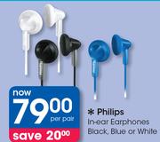 Philips In-Ear Earphones Black, Blue Or White-Per pair