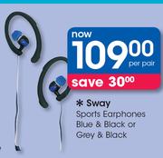 Sway Sports Earphones Blue & Black Or Grey & Black-Per pair