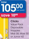 Clicks Value Pack Disposable Nappies Midi 58,Maxi 50 Or Junior 42-Per Pack