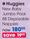 Huggies New Baby Jumbo Pack 88 Disposable Nappies-Per Pack